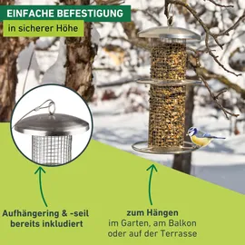 WINDHAGER Vogelfuttersilo Edelstahl, Wetterfest, 0,9 l, Futterstation für Wildvögel, 14 x 14 x 28 cm