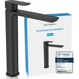 Bächlein Badarmatur Mizarela hoch in klassischem Design, Einhebelmischer für Aufsatzwaschbecken mit langlebiger Keramikkartusche und Montage-Set, Bad Wasserhahn Matt Schwarz - flacher Auslauf