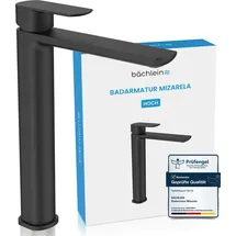 Bächlein Badarmatur Mizarela hoch in klassischem Design, Einhebelmischer für Aufsatzwaschbecken mit langlebiger Keramikkartusche und Montage-Set, Bad Wasserhahn Matt Schwarz - flacher Auslauf
