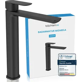 Bächlein Badarmatur Mizarela hoch in klassischem Design, Einhebelmischer für Aufsatzwaschbecken mit langlebiger Keramikkartusche und Montage-Set, Bad Wasserhahn Matt Schwarz - flacher Auslauf
