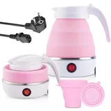 Faltbarer Wasserkocher 0.6l Reise Wasserkocher Klein Silikon mit 2 Faltbecher Wasserkessel Camping Tragbarer 5 Minuten Schnelles Kochen für Outdoor Camping Wandern Survival Rosa