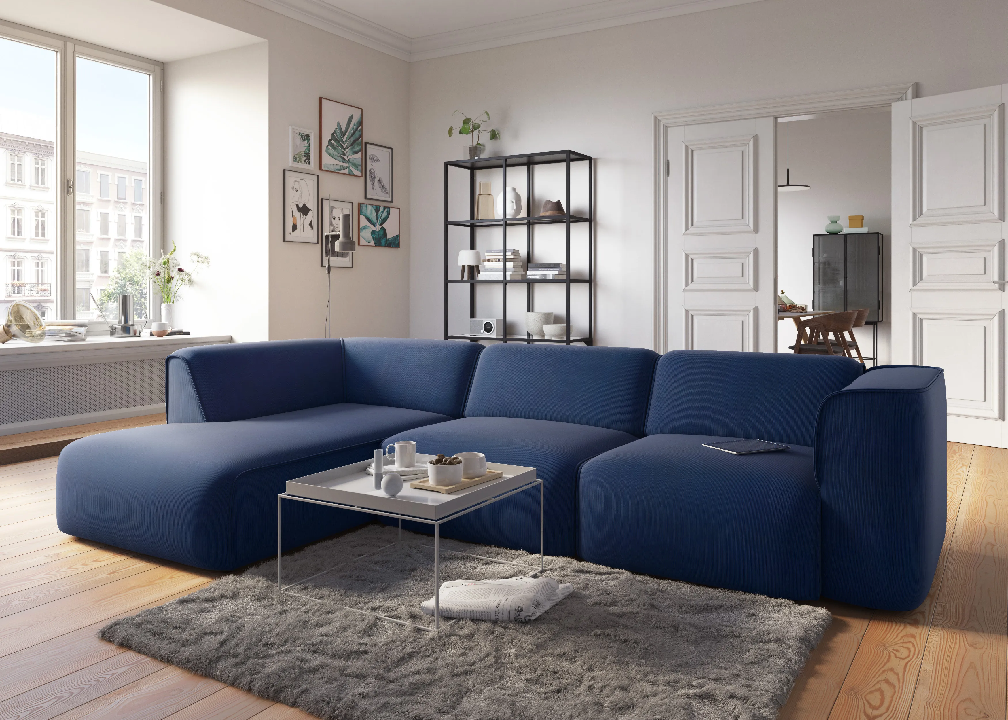 Ecksofa RAUM.ID "Merid jederzeit durch Module erweiterbar L-Form", blau, B:295cm H:70cm T:162cm, Struktur fein (100% Polyester), Samtoptik (100% Polyester), Samtcord (92% Polyester, 8% Polyamid), Sofas, als Modul oder separat verwendbar, für individuelle Zusammenstellung