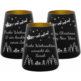 Teelichthalter schwarz-gold 3er Set Weihnachtsmotiv