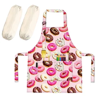 Backschürze Kinder, Kinderschürze Verstellbares Kinder Schürze, Wasserdichtes Kinderschürze Baumwolle Universal-Schürze mit Taschen für Kinder, Geeignet zum Kochen Backen Malen, mit 1 Paar Ärmeln - S