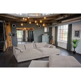 KAWOLA Big Sofa MADELINE Cord taupe mit Hocker / 4 Zierkissen / Armlehntablett schwarz - Taupe