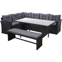 Mendler Poly-Rattan-Garnitur HWC-A29, Gartengarnitur Sitzgruppe Lounge-Esstisch-Set, schwarz ~ Kissen dunkelgrau, mit Bank