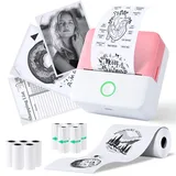 PRAOAHEI Mini Drucker, Tragbarer Fotodrucker mit 10 Rollen Druckerpapier, Bluetooth-Etikettendrucker, Thermodrucker für Notizen, Fotos, Tagebücher, Heimwerken, kompatibel mit iOS und Android (Rosa)