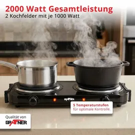 Grafner Doppelkochplatte 2000 Watt 2 Massekochfelder Ø 155 mm stufenlose Temperatureinstellung Schwarz/Weiß