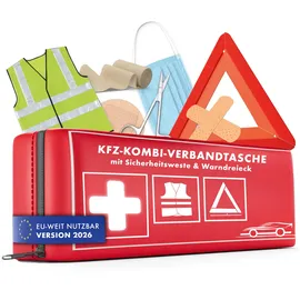 Walser KFZ Verbandstasche 2026 StVO konform, 3in1 Auto Erste Hilfe Set mit Pannendreieck und Warnweste, Kombitasche Verbandskasten 2026, Erste Hilfe Kasten Warnweste Auto + Warndreieck KFZ DIN 13164