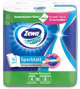 Zewa Küchenrolle Wisch&Weg Sparblatt, Weniger Verschwendung mit dem Alleskönner mit teilbaren Blättern, 1 Packung = 4 x 148 Blatt