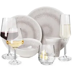 Moritz Melamin Camping Geschirr Set 4 Personen Amboss Design 16 Teilig + 16 Milano Gläser Wassergläser Weingläser Champagner-Gläser Flûtes Tafelgeschirr