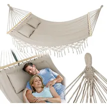 outtec Outtec® Hängematte mit 2 Kissen - 200x150 cm, bis 220kg - Boho Hammock für Outdoor, Garten, Balkon - für Kinder und Erwachsene - Beige