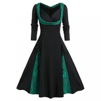 PAIDAXING Damen Abendkleid 3/4 Arm Festlich Kleid Vintage Swing Cocktailkleid Midilang Rockabilly Plissiertes Patchwork V-Ausschnitt Knielang A-Linie Kleider - 3XL