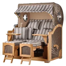 Mr. Deko bene,iving Strandkorb Komplettset Ammersee Grande XL Teak Bullauge PE grau Modell 537 inkl. Liftersystem Schutzhülle Doppelrollen Glasbecherhalter