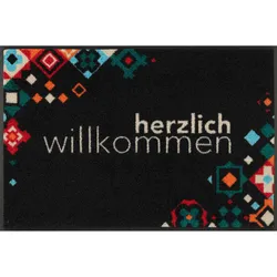 WASH + DRY Fußmatte 50 x 75 cm Motiv WILLKOMMEN MOSAIK BUNT