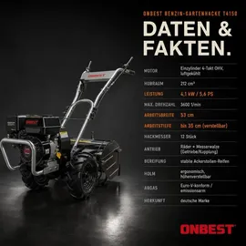 onbest T4150 5,6 PS Benzin-Motorhacke 53 cm Arbeitsbreite 35 cm Arbeitstiefe 12 Hackmesser