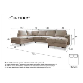 miuform Lofty Lilly - Ecksofa mit Schlaffunktion und Bettkasten Wohnlandschaft U Form, XXL Couch U Form, Big Sofa XXL, Eckcouch mit Schlaffunktion und Bettkasten, Ecksofa Beige
