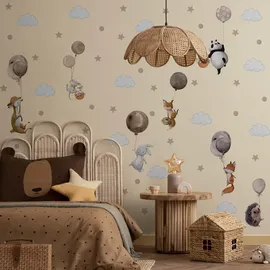 Muralo Sticker Set für Mädchen und Jungen - Aquarell Aufkleber Wandsticker Tattoo für Kinderzimmer - Wandaufkleber Wilde Tiere mit Luftballons Motiv - Br.120cm x Hö.60cm