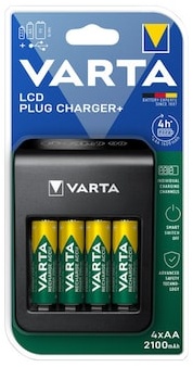 VARTA LCD Plug Charger + inkl. 4x Akku Mignon AA (2100 mAh) Universal Ladegerät