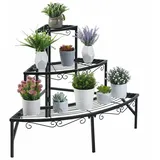 unho Blumentreppe Ecke, Pflanzentreppe mit 3 Ablagen, Metall Blumenregal Pflanzenregal für Ecke Balkon Garten Deko,77×58cm