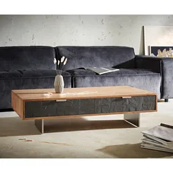 DELIFE Couchtisch Teele 115x60 cm Akazie Natur Schiefer 4 Schubfächer Fuß schwebend Edelstahl, Couchtische