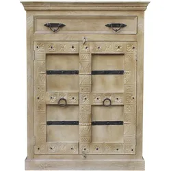 Highboard SIT "Daipur", beige (natur, antikgrau), B:90cm H:120cm T:45cm, Massivholz, Sideboards, geschnitzte Verzierungen