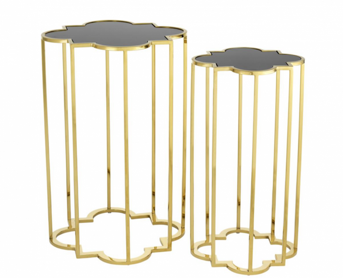 Casa Padrino Luxus Art Deco Designer Beistelltische 2er Set Gold mit schwarzem Glas - Designer Beistelltisch Möbel