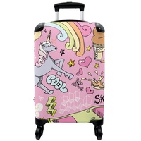 NoBoringSuitcases.com© Kinderkoffer Rosa - Einhorn - Skateboard - Zeichnung 55x35x20cm, 4 Rollen, Koffer mit 4 rollen, Kindertrolley, Reisekoffer für Mädchen bunt