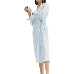 leichtes Damen Sommer-Kleid mit Kent-Kragen Frühlings-Kleid Wickel-Kleid Midi-Kleid 929374 Hellblau - 40