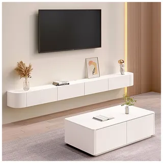 Schwebender TV-Ständer, Wand-TV-Schrank, Medienkonsole, Mit Kabellöchern, Aufbewahrungskomponenten-Regale, Für Wohnzimmer, Schlafzimmer (Color : White-A, S : 140cm)