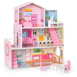 WISHDOR Puppenhaus Puppenhaus Spielset Hölzernes mit Möbeln und Zubehör Puppenhausmöbel, (Mit Schlafzimmer Wohnzimmer Esszimmer Badezimmer, 60.00(CM) x24.00(CM) x 70.00 (CM)LxWxH Pink), mit Zubehör für Puppen zwischen 7-12 cm, süßes großes Traumhaus, 3+ rosa