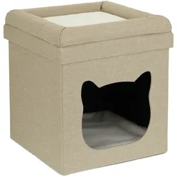 Relaxdays Katzenhöhle indoor, Schlafplatz für Samtpfoten, Katzenbox 2 Etagen, faltbar, HBT: 44 x 40 x 40 cm, braun/weiß