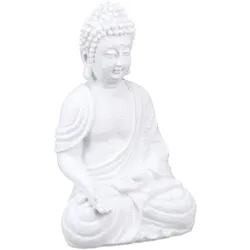 Relaxdays Buddha Figur, Polyresin, wetterfest & frostsicher, Gartendeko, HxBxT: 30x19,5x12 cm, Indoor & Outdoor, weiß