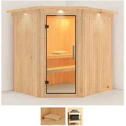 Sauna KARIBU "Stine", beige (naturbelassen), ohne Ofen, (ohne Ofen), Saunen, ohne Ofen