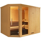 Weka Elementsauna Varberg 4 Familiensauna - 68 mm Ganzglastür u. Fensterelement(e) 9 kW Kompaktofen mit integrierter Steuerung inkl. gratis Sauna-Set im Wert von 240,40 € (10-teilig)