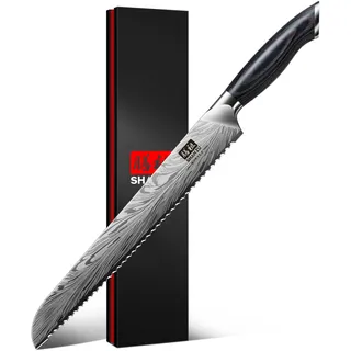 SHAN ZU Brotmesser aus Pulverstahl, 25 cm Japanisches Küchenmesser mit Wellenschliff Kohlenstoffreiches 63 HRC-Brotschneidemesser 12°-Scharfes Längerer Klinge für Brot und Kuchen