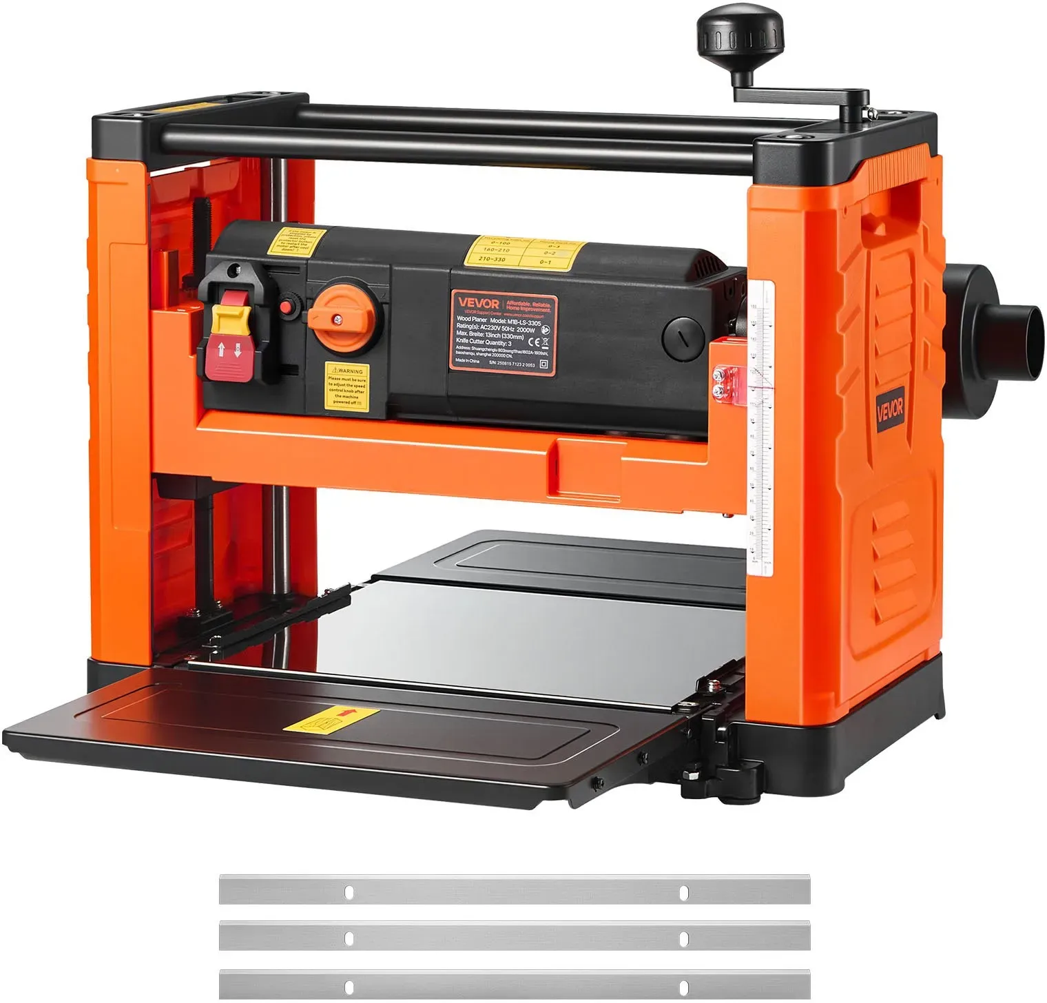 VEVOR Dickenhobel, 2 Gang, 330 mm breiter Arbeitstisch, Hobelmaschine, drei Klingen, 2000 W, 23500 U/min, leistungsstarker Motor, Doppelrollen, Überrollschutz, Holzbearbeitung für Hart- & Weichholz