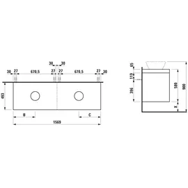 Laufen LANI Waschtischplatte wildeiche inklusive Unterschrank, 1 Ausschnitt links und rechts 1570x495x580mm, H4065941122661,
