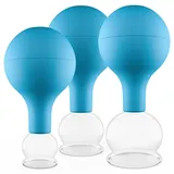 PULOX Schröpfgläser Set aus Echtglas mit Saugball - 3x Medizinisches Schröpfglas in Blau - 25mm, 32mm, 40mm