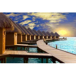 Fototapete PAPERMOON "MALDIVEN-STEG MEER STRAND INSEL SONNE BRÜCKE WOLKEN SEE", bunt, B:3,00m L:2,23m, Vlies, Tapeten