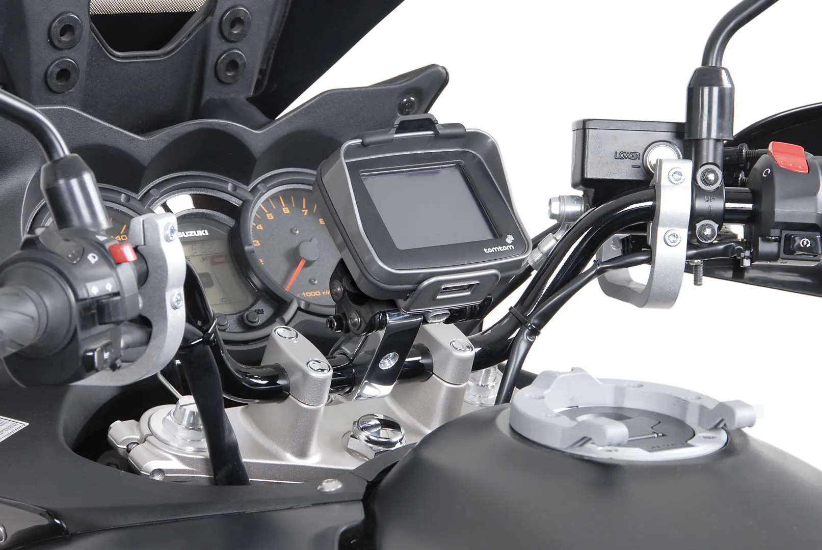 SW-Motech GPS mount met stuurklem - Voor Ø 28 mm stuur. Trillingsdempen. Zilveren.