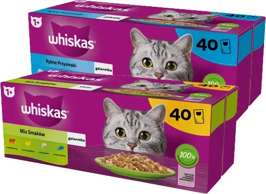 WHISKAS Adult Sachets 40 x 85 g Geschmacksmix - Nassfutter für ausgewachsene Katzen, in Gelee + WHISKAS Adult Sachets 40 x 85 g Fishy Treats (Rabatt für Stammkunden 3%)