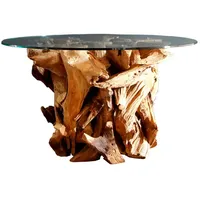 Exotischerleben Teak Wurzelholz Couchtisch rund 80 cm, Glas Teakholz