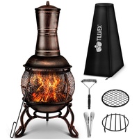 tillvex Terrassenofen mit Funkenschutz und XXL Zubehör | Gartenkamin mit Grillfunktion | Feuerstelle Antik Gartenofen mit Abdeckung BBQ Grillrost Schürhaken Grillzange Bürste (Bronze, 90)