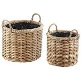 Kobolo Pflanzkorb Übertopf rund aus Rattan mit Folie und Griffen in kubu Grey grau im 2er Set