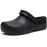 FLIOZY Herren Winter Clogs Gefüttert Warm Wasserdicht rutschfest Hausschuhe mit Verstellbarem Riemen – Bequeme Fleece Garten & Arbeitsschuhe für Innen und Außen All Black 47 - 47 EU