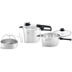 Schnellkochtopf FISSLER "Fissler Vitavit premium Schnellkochtopf-Set, 5-teilig", silber (silberfarben), Ø:22cm, Töpfe, Verriegelungsanzeige, Einstellbares Abdampfen, Einstellbare Kochstufen