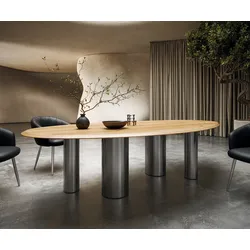 DELIFE Esstisch Edge Oval 280x130x2,5 Eiche Natur Pilier Edelstahl gebürstet Flow-Edge, Esstische