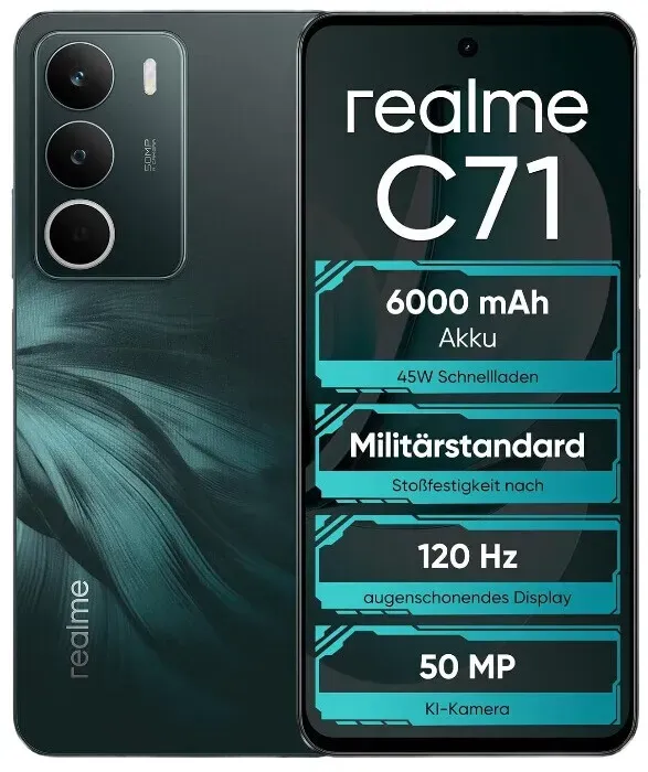 realme C71 4G Smartphone, 6,67 Zoll 120 Hz Display, 6000 mAh Akku, 8+256 GB Interner Speicher, 50 MP Kamera, Octa-core T7250 Chipsatz, Waldeule, Ohne Adapter