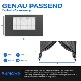 24move 24MOVE® Pavillon Seitenteile 2er Set 2x3m mit Fenster & Reissverschluss, wasserdicht, grau - für Partyzelt, Festzelt, Festivals